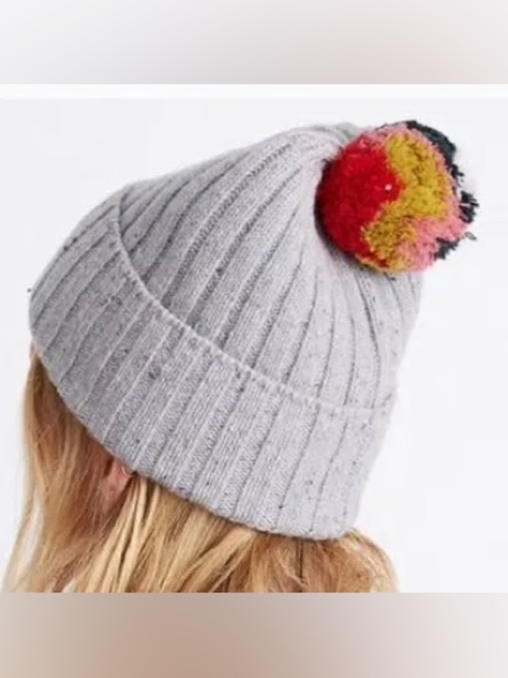 Madewell Merino Wool Gray Ribbed Beanie with Multicolor Pom
